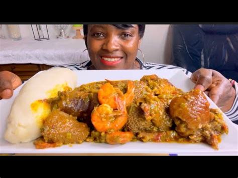 Asmr Shrimp Cow Skin Dry Fish Okra Soup With Fufu Mukbang Bang Eating