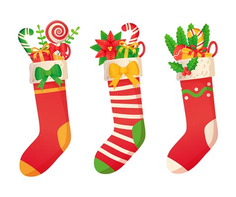 Christmas Decorated Socks With Presents Set In Cartoon Style Isolated