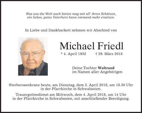 Traueranzeigen Von Michael Friedl Trauer Merkur De