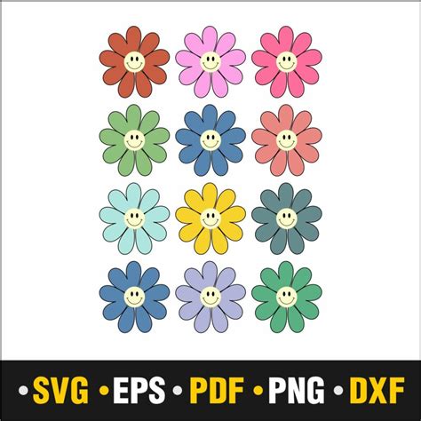 Retro Smiley Face Flowers Svg Pdf Png Dxf Eps Only 3 Masterbundles