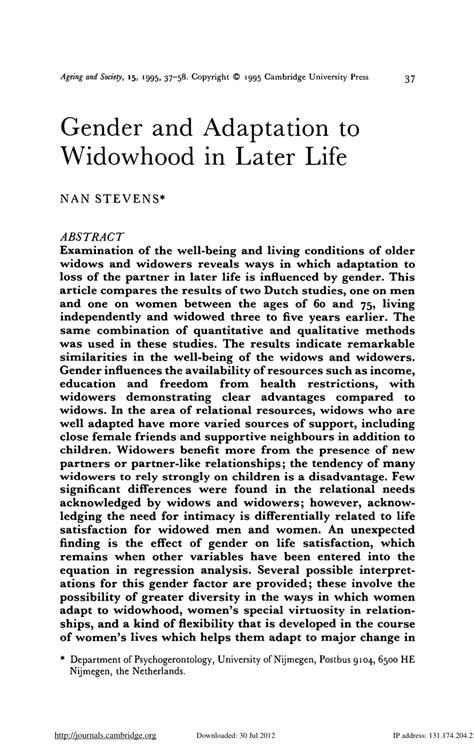 Pdf Gender And Adaptation To Widowhood In Later Life