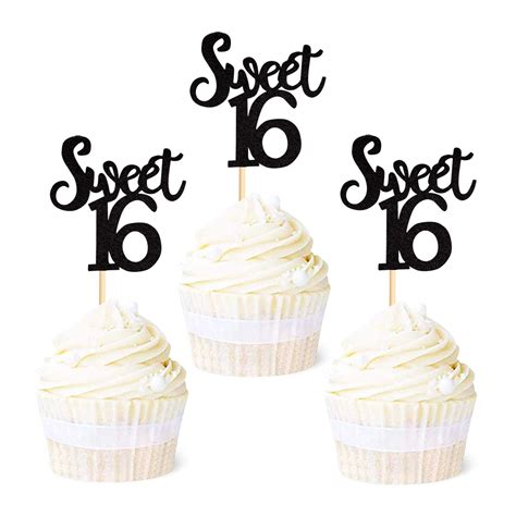 Ercadio 24 Pack Black Sweet 16 Cupcake Toppers Glitter Age Sixteen