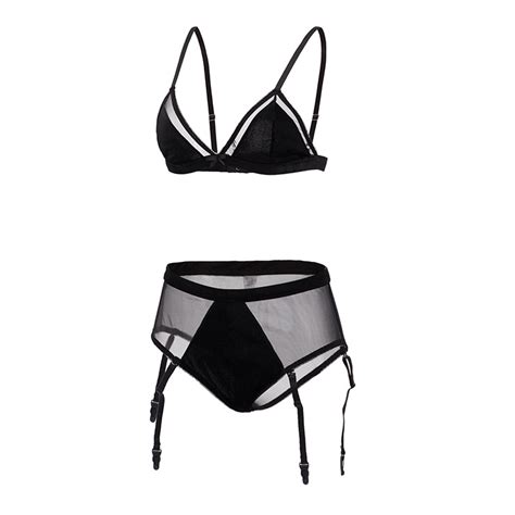 Charming Sheer Mesh Spaghetti Straps Bra And Panty Lingerie With Garters N