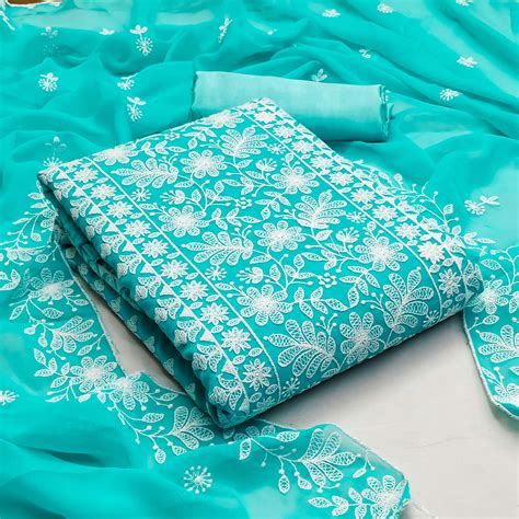 Turquoise Floral Embroidered Georgette Dress Material