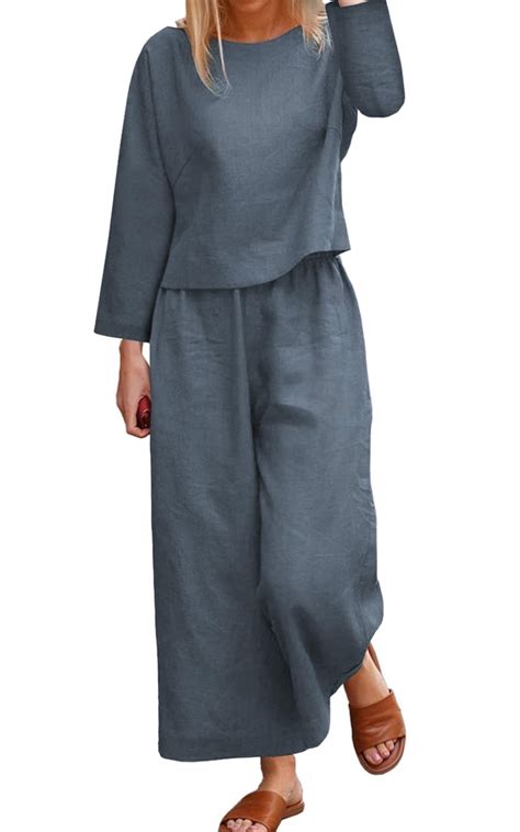 Nfsion Womens 2 Piece Outfits Casual Crewneck Long Sleeve Wide Leg
