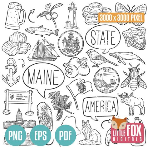 MAINE State Symbols. American State Clipart. Portland Augusta Lewiston ...