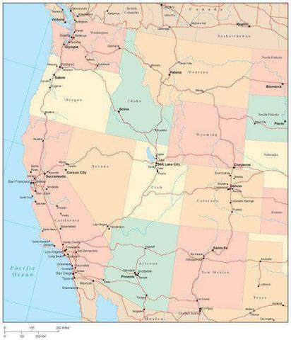 usa west region map  state boundaries roads capital  major citi