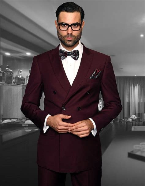 Mens Classic Wool Double Breasted Suit In Burgundy Burgundy