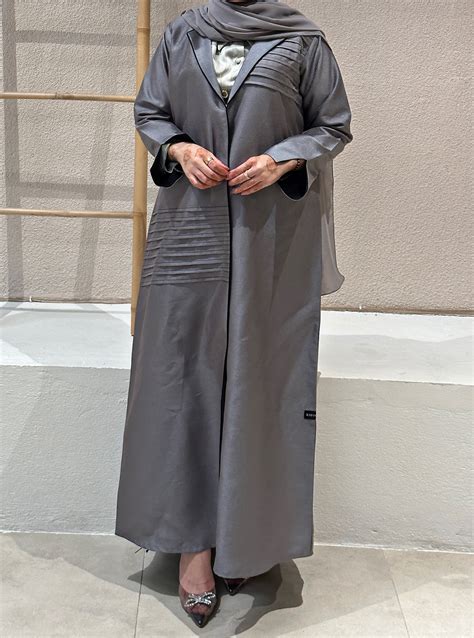 K885GY Shining Abaya With Pleated And Columed Piping Abayas From K