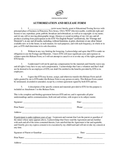 Fillable Online Authorization And Release Form Ets Home Fax Email