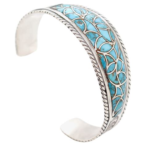 Old Sterling Silver Blue Turquoise Russell Sam Signed Cuff Bracelet