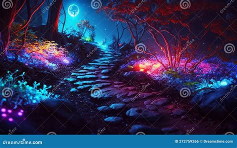 Colorful Bioluminescence Plants In Forest Crystals And Glowing Path