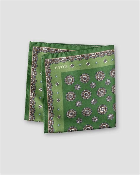 Green Medallion Print Silk Pocket Square Eton