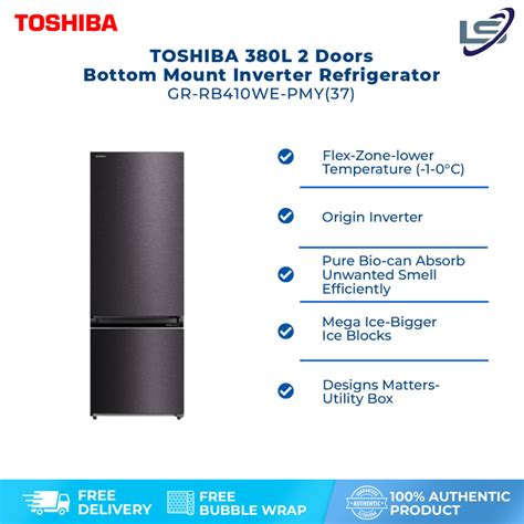 TOSHIBA 380L 2 Doors Bottom Mount Inverter Refrigerator GR RB410WE PMY