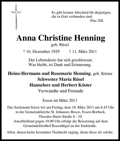 Traueranzeigen Von Anna Christine Henning Trauer In Nrw De