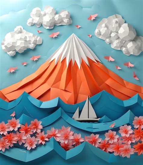 Origami Paper Illustration Of Mount Fuji And Cherry Blossoms Premium