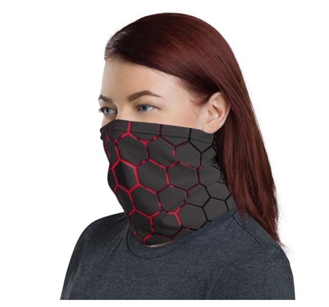 Neck Gaiter Face Mask Black Gray Red Geometric Design Hexagon Etsy