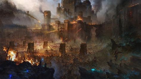 Castles fire demons fantasy art battles siege catapults wallpaper | (30026)