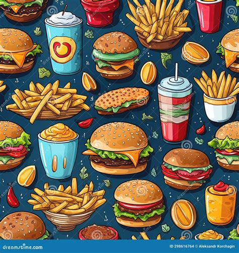 Seamless Pattern With Fast Food Food With Burgers Hamburgers And Fries