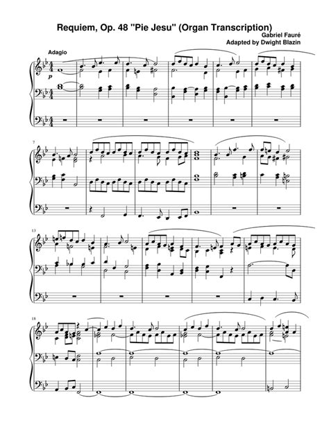 Pie Jesu From Fauré Requiem Organ Adaptation Sheet Music For Organ