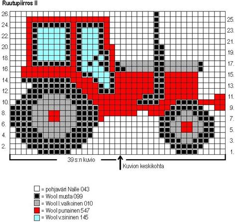 A Cross Stitch Pattern With An Image Of A Red Tractor On It S Side