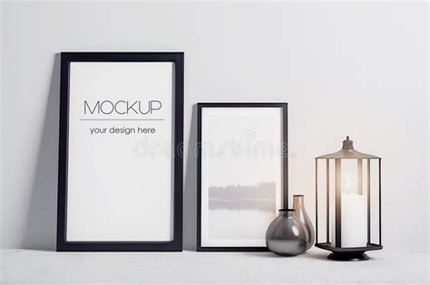 Modern Monochrome Interior With Black Mockup Poster Frame Candle And