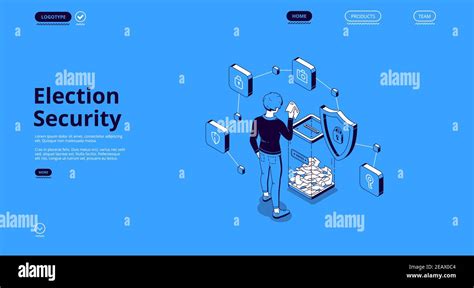 Election Security Isometric Landing Page Voter Put Bulletin Into Glass Bin In Polling Station