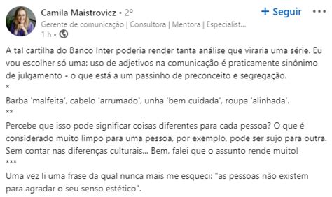 Inter Envia Cartilha A Funcion Rios Proibindo Cabelo Sujo E Sem Corte