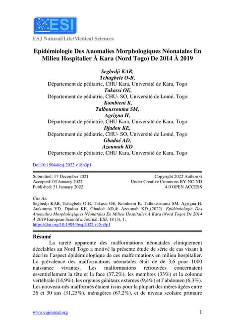 PDF Epidémiologie Des Anomalies Morphologiques Néonatales En Milieu