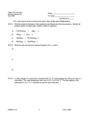 Fillable Online Intro Chem Okstate Chem 1314 Section 2 InClass Exercise