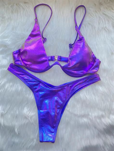 Babe From Future Holographic Blue Bikini Set Shiny Fashion LALE LOOK