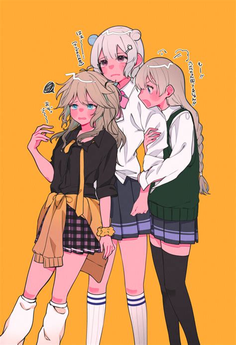 Safebooru 3girls Absurdres Alpaca Opo Angry Arm Hug Black Shirt Black Skirt Black Thighhighs