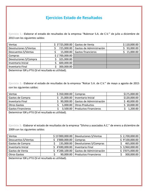 19286 Ejercicios Estado De Resultados Ejercicios Estado De Resultados