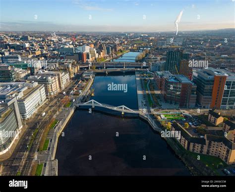 Aerial View From Drone Of River Clyde And Skyline Of Glasgow City