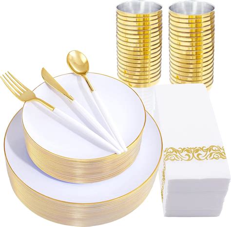 Amazon Nervure 350PCS White Gold Plastic Plates Gold Disposable