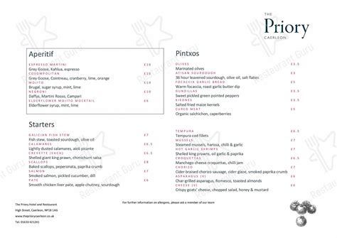 Menu at The Priory Hotel & Restaurant - Caerleon, Newport