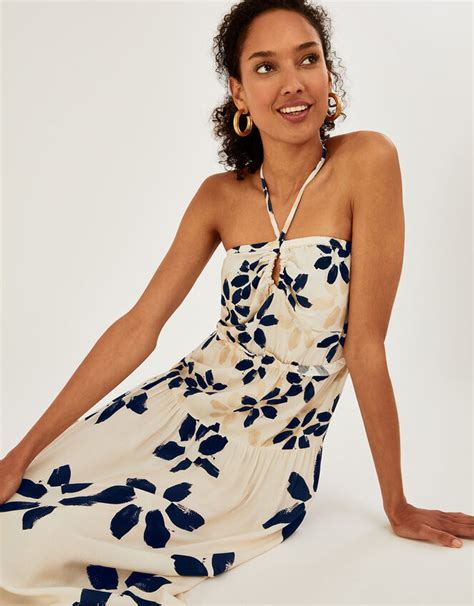 Abstract Floral Print Halter Neck Dress Ivory