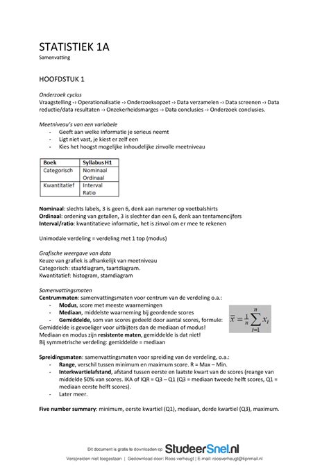 Statistiek A Samenvatting Statistiek A Samenvatting Hoofdstuk