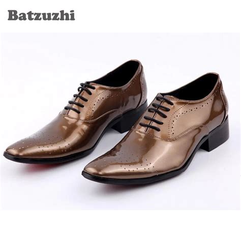 Batzuzhi Luxury Men Shoes Handmade Brown Patent Leather Oxfords Lace Up