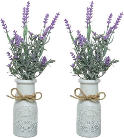 2x Stuks Lichtpaarse Lavandula Lavendel Kunstplant 32 Cm In Witte Pot