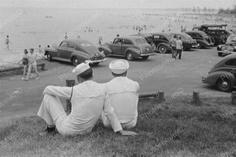 Sailors At Beach Overlooking Antique Cars 4x6 Reprint Of Old Photo