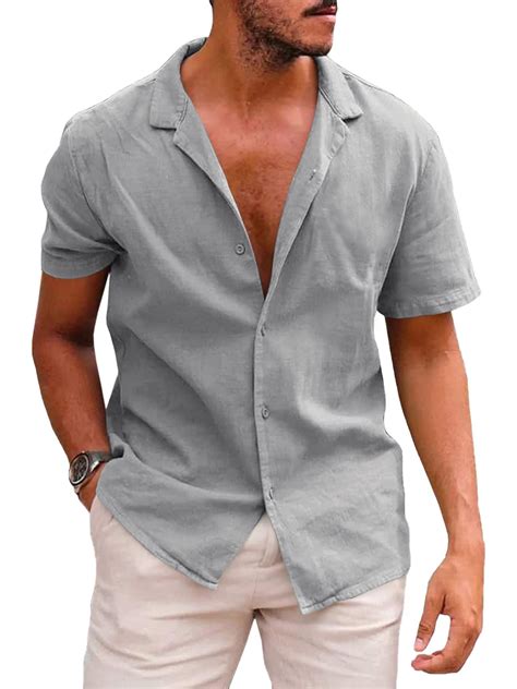 Mens Linen Cotton Shirts Casual Button Down Short Sleeve Beach Collared Solid Shirt Top Mens