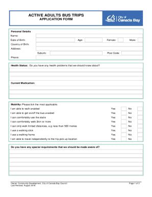 Fillable Online Active Adults Bus Trips Application Form Fax Email