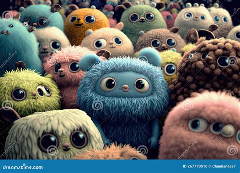 Crowd Of Furry Cuddly Monsters Ai Generative Stock Illustration