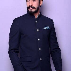 Bespoke Handmade Navy Blue Jodhpuri Bandgala Blazer With White Trouser