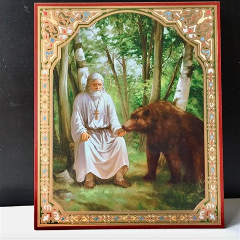 Saint Seraphim Of Sarov With Bear Gold Foiled Icon Insp Inspire