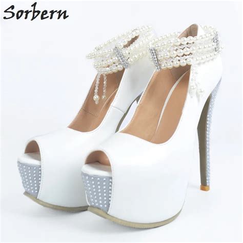 Sorbern 2018 White Rhinestone Women Pumps Bridal Wedding Shoes Plus Size Slip On Peep Toe Ladies