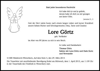 Traueranzeigen Von Lore G Rtz Wirtrauern