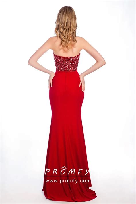 Beaded Strapless Sweetheart Red Satin Prom Dress Promfy