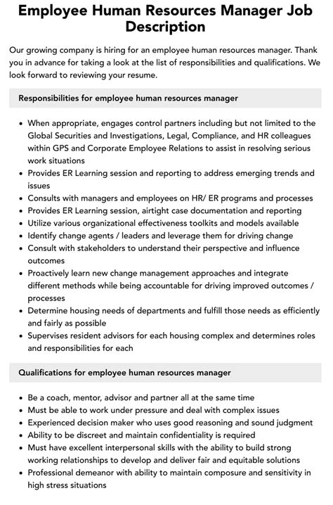 Employee Human Resources Manager Job Description Velvet Jobs